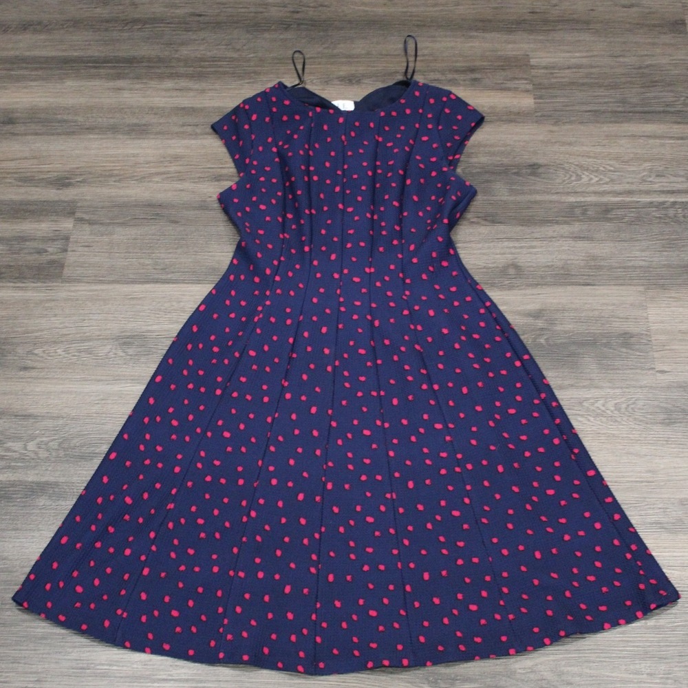 ELLE‎ Navy Blue & Pink Polka Dot Sleeveless Fit & Flare Dress Small